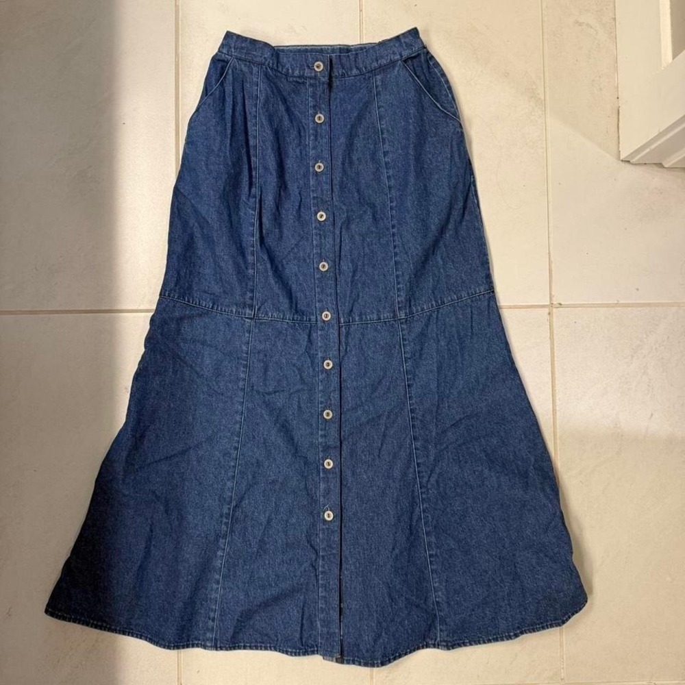 Button-Front Denim Midi Skirt |‎ Vintage Blue Jean A-Line Skirt Medium